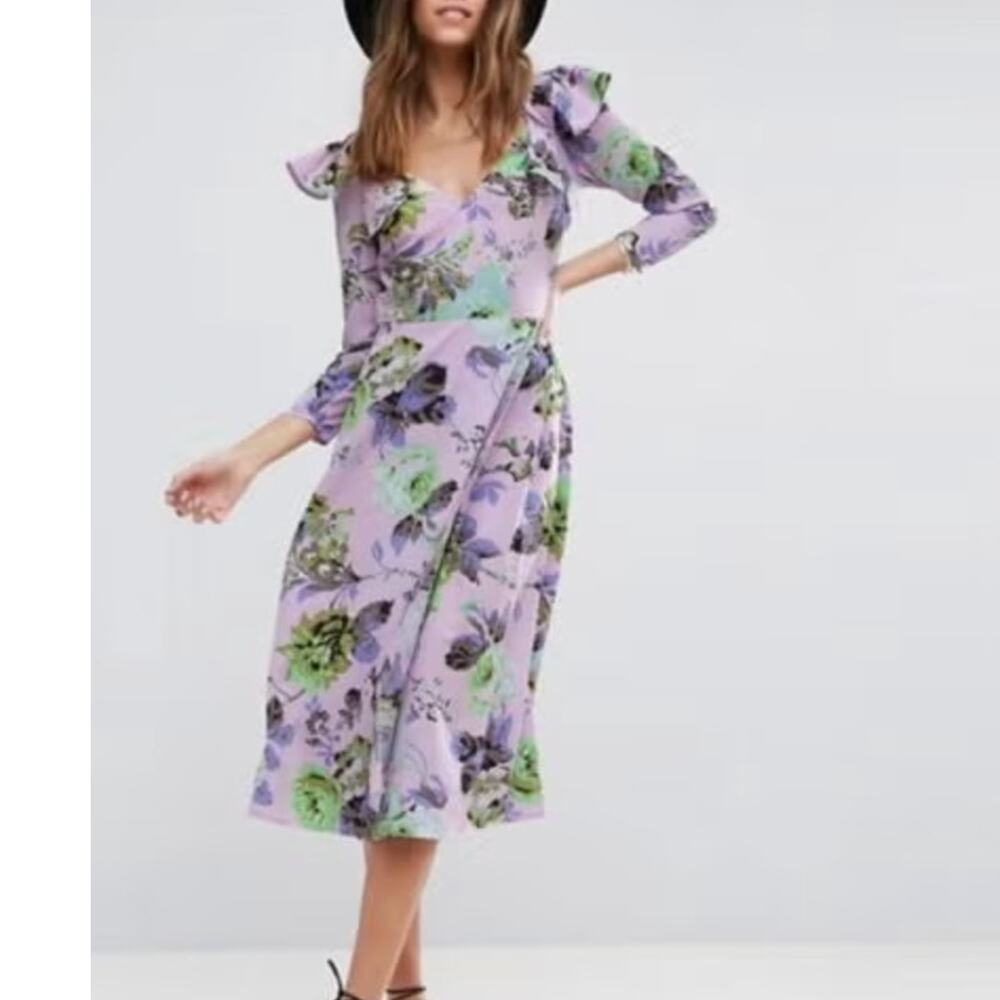 Asos Lilac Floral V-Neck Ruffle Shoulder Long Sleeve Midi Dress • Size 8
